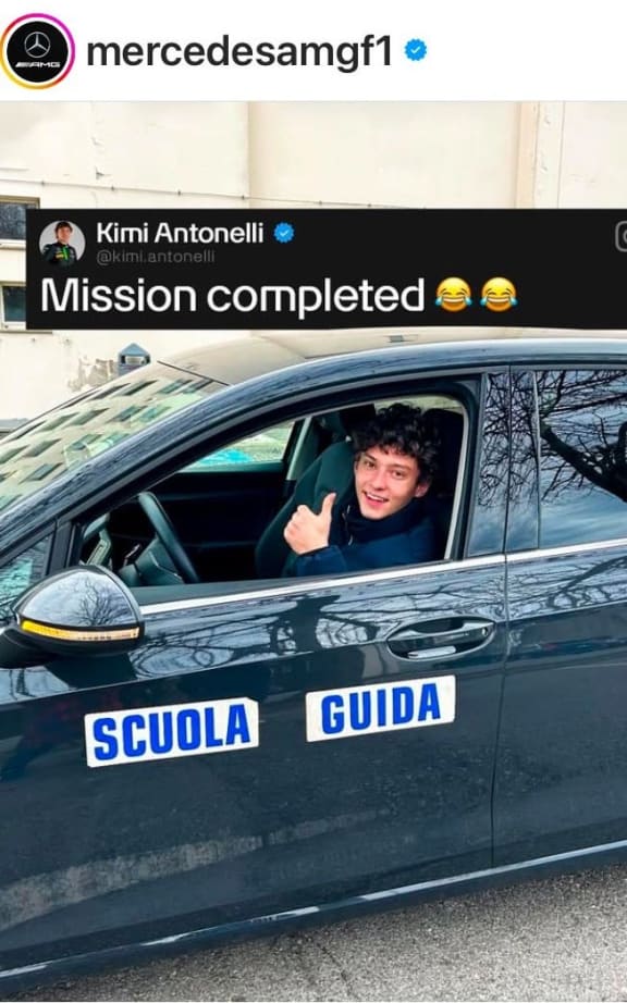 Kimi Antonelli post after passing his drivers test, 2025.