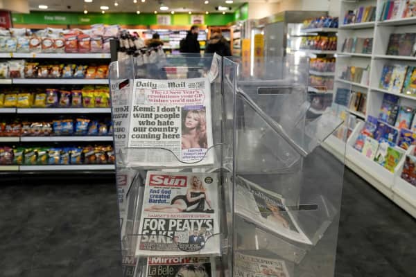 A newsstand is pictured in a shop in London on December 29, 2025, showing British newspapers covered with images of late French film actress Brigitte Bardot. Bardot, a symbol of sexual liberation in the 1950s and 1960s who reinvented herself as an animal rights defender and embraced far-right views, died on December 28 at the age of 91, her foundation said.
