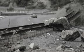 Railway tracks ripped from the line along State Highway 1 - North of Kaikoura.