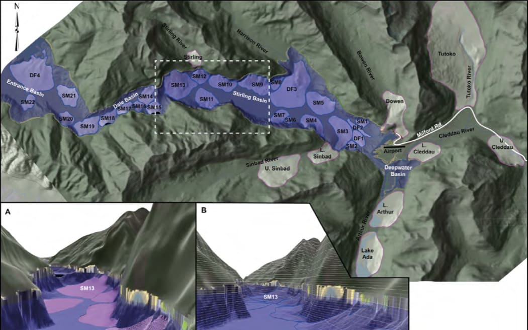 Mapped landslide deposits in Milford Sound (scale bar applies to birds eye view only).