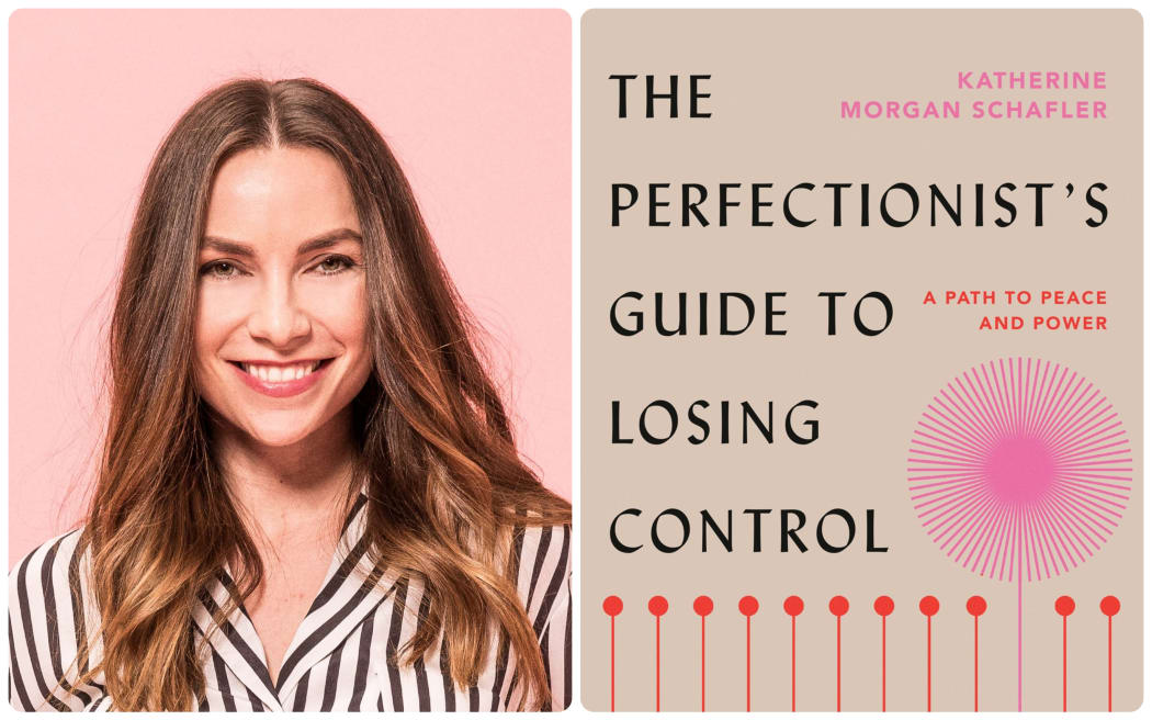 Katherine Morgan Schafler next to the cover of her book "The Perfectionists Guide To Losing Control".