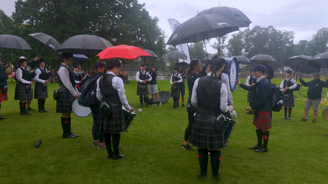 St Andrew's College braving the rain in Perth, Scotland