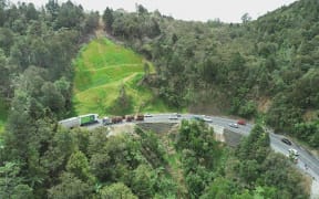 An aerial view of temporary repairs to underslips at Waterfall Corner, on the south side of the Brynderwyns, which Waka Kotahi says urgently need a permanent fix.