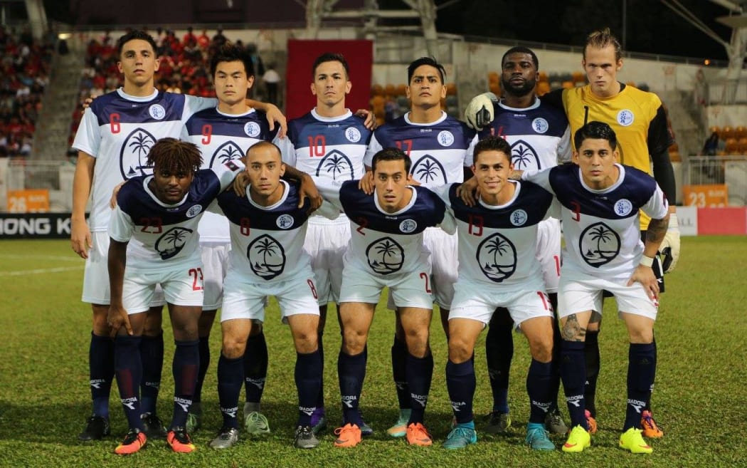 Guam line-up before their EAFF Cup match against Hong Kong.