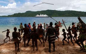 image of Ritual challenge on the beach at Utupua, Solomon Islands