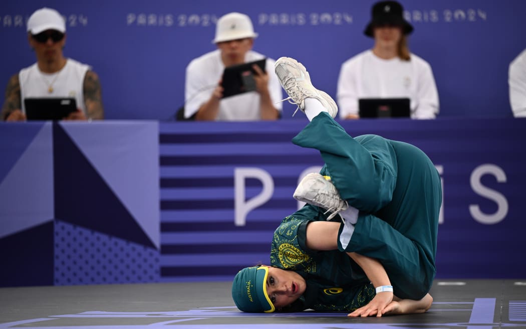 Rachael Gunn known as “Raygun” of Australia during the B-Girls Round Robin Breaking Battle between Australia and the United States at La Concorde 1 as part of the 2024 Paris Olympic Games in Paris, France, Friday, August 09, 2024.