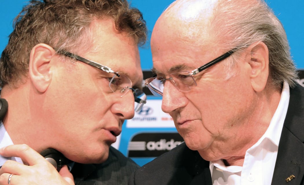 Sepp Joseph Blatter speaking with  Jerome Valcke in 2014.