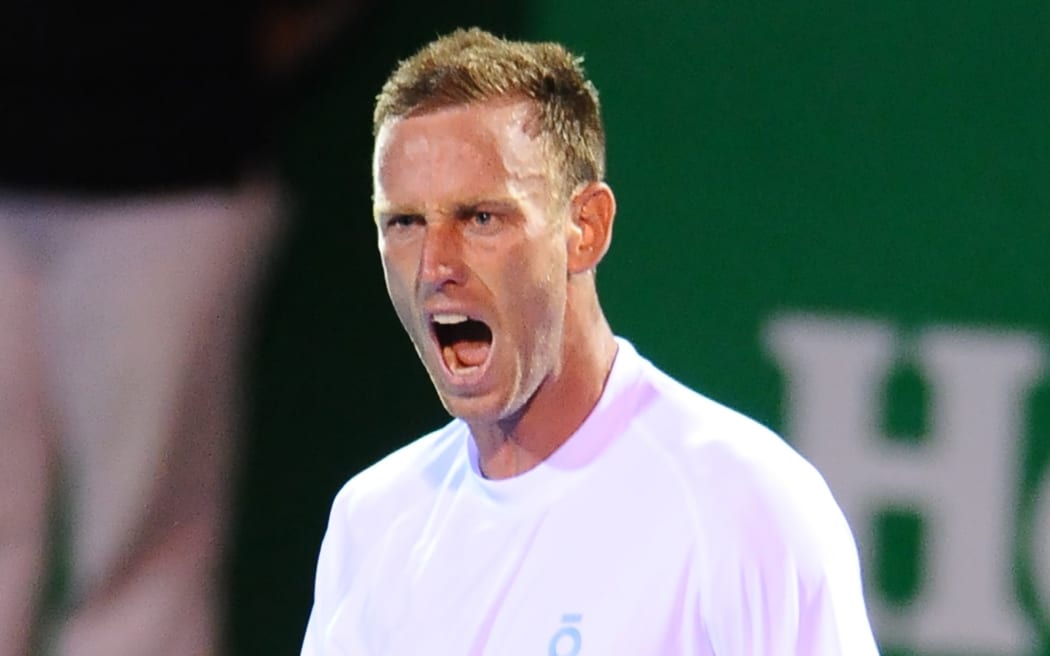 Michael Venus celebrates his win over Alejandro Gonzalez in Auckland, 2015.