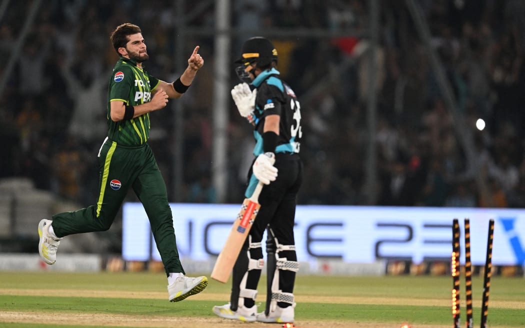 Pakistan's Shaheen Shah Afridi celebrates after taking the wicket of New Zealand's Zakary Foulkes during the fifth and final Twenty20 international in Lahore.