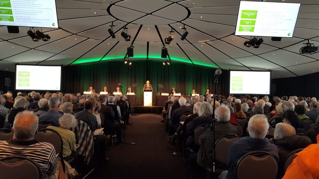 Fletcher Building chair Sir Ralph Norris talks to shareholders at the company's AGM in Auckland.