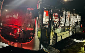 Wreckage of a diesel bus that caught fire in Epsom about 6.10pm on Sunday 24 May 2025. An Auckland Transport spokesperson said the driver promptly raised the alarm and made sure all passengers got off safely.