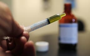 A syringe loaded with a dose of CBD oil  in a research laboratory at Colorado State University