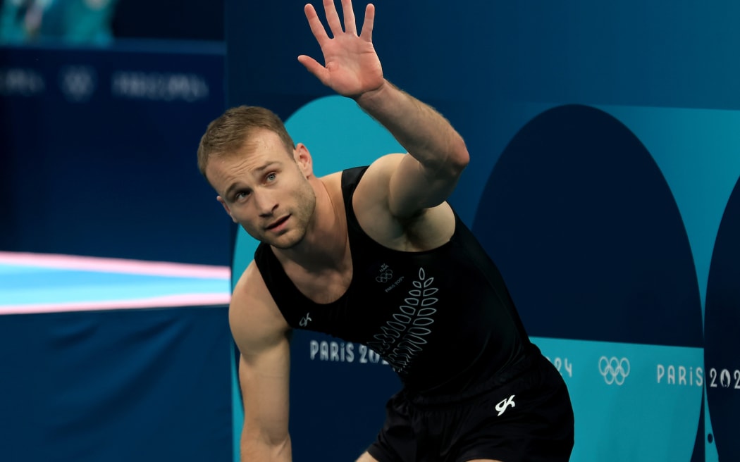 Dylan Schmidt from New Zealand in the qualification round of the trampoline gymnastics at Bercy Arena, Olympics, Paris, France on Friday 2 August 2024. Photo credit: Iain McGregor / www.photosport.nz