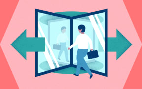 Stylised illustration of person walking in and out of a revolving door
