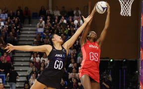 Silver Ferns Parris Mason  with England Liv Tchine during game 2 of the Taini Jamison Trophy