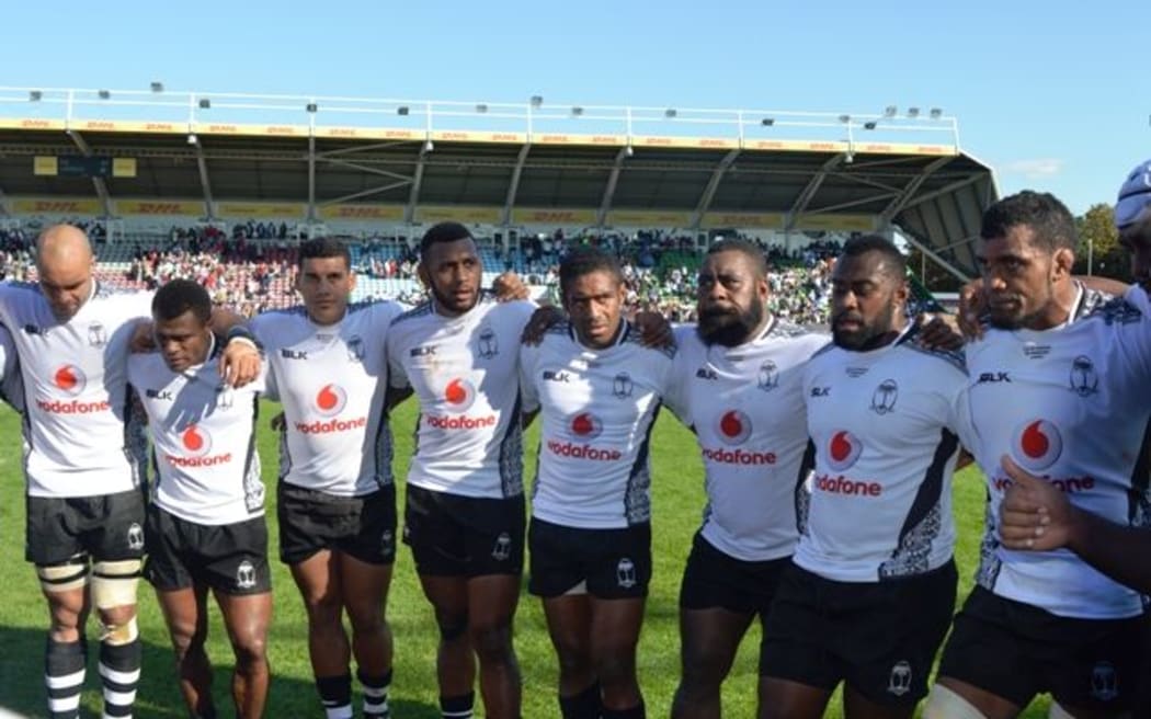Fiji players huddle together during their pre-World Cup test against Canada in London.