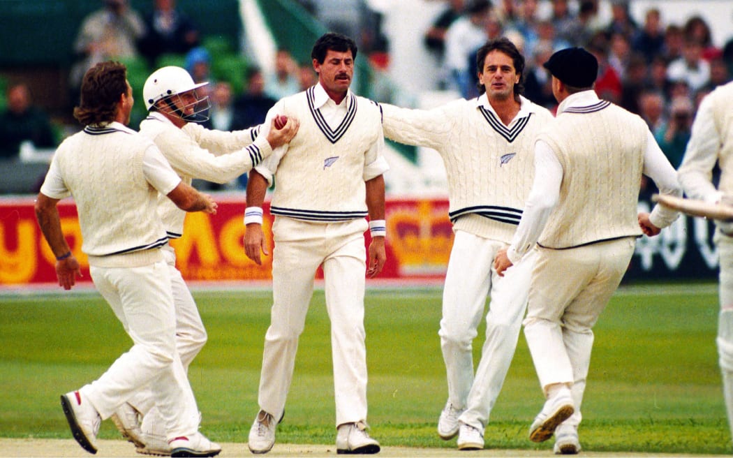 Richard Hadlee celebrates a wicket.