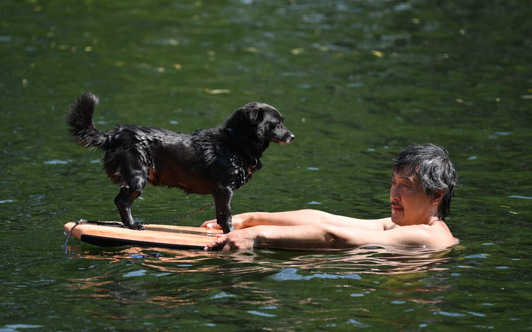 A man swims with his dog in a canal in Beijing on June 22, 2023. Swathes of northern China sweltered in 40-degree heat on June 22, weather data showed, as parts of Beijing and the nearby megacity of Tianjin recorded their highest temperatures for years. (Photo by GREG BAKER / AFP)