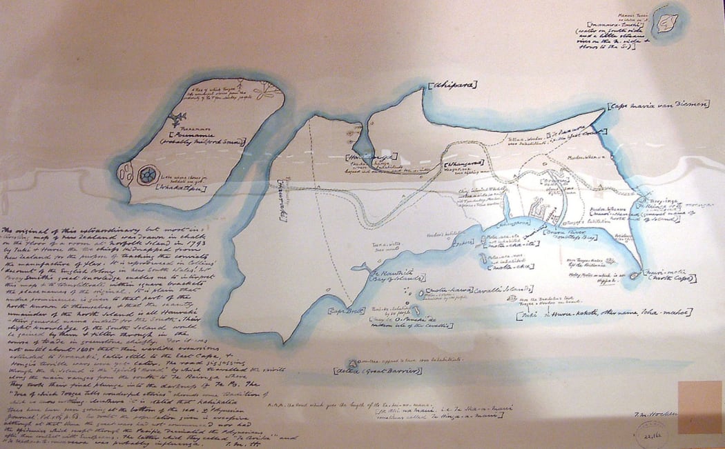 Map of New Zealand originally drawn in chalk by Māori Chiefs Tuki Tahua and Ngāhuruhuru on Norfolk Island, 1793.