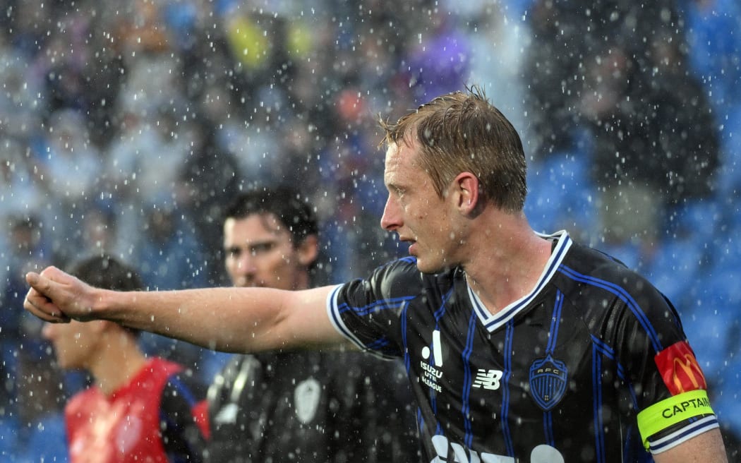 A rain-soaked Auckland FC captain Francis De Vries gestures during his side's 2-1 loss to the Newcastle Jets in a round six A-League men's competition match at Mount Smart Stadium, 30 November, 2025. 
© Photo: Andrew Cornaga / Photosport