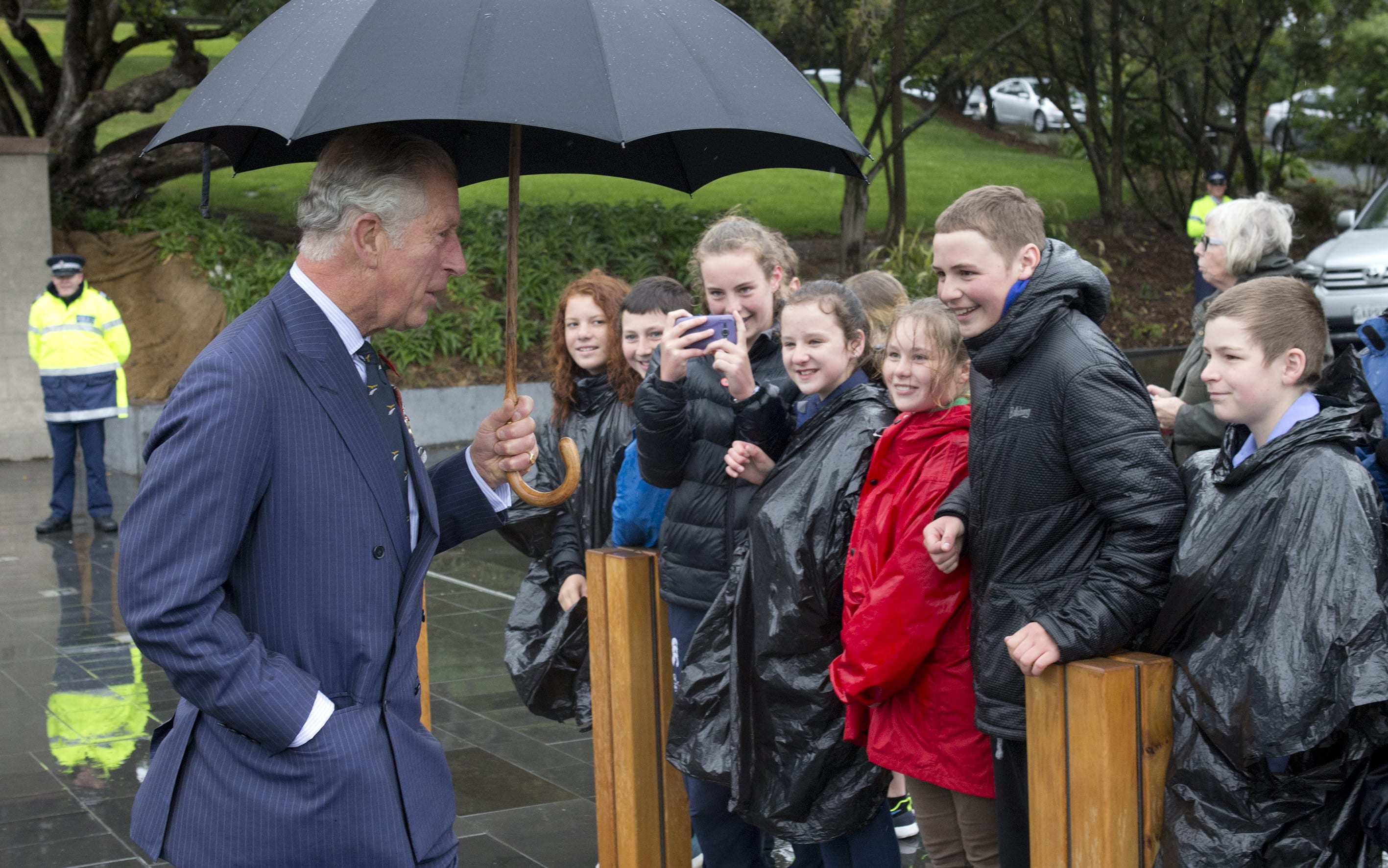 Prince Charles and his wife, Camilla, attended a wreath-laying ceremony at the Pukeahau National Memorial Park in front of a crowd of about 100 people.