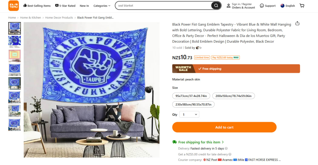 A wall tapestry featuring the logo of Black Power being sold on Temu.