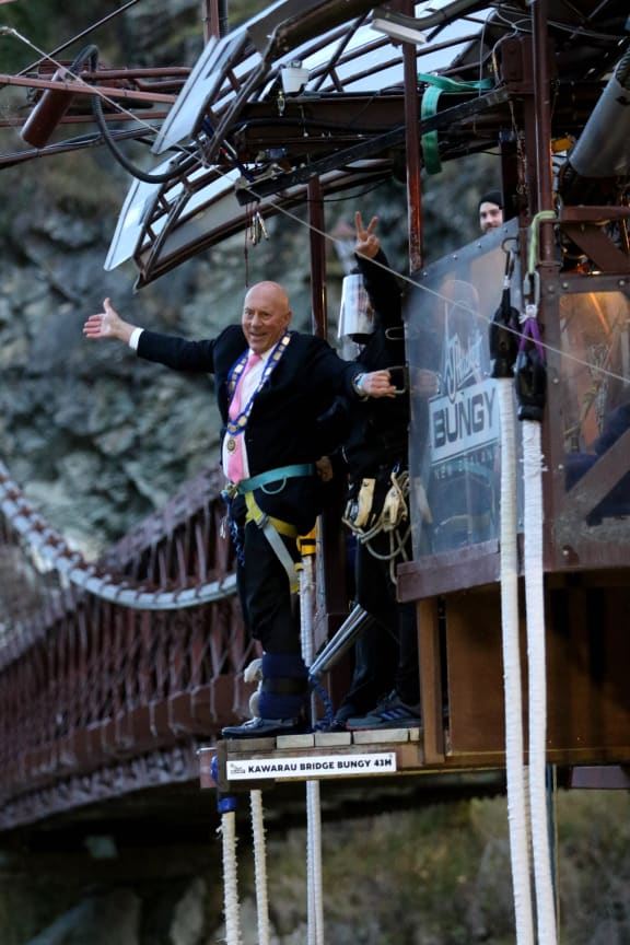 Queenstown mayor Jim Boult takes a sunrise bungy jump on Thursday.  AJ Hackett Bungy started operating again on the first day of level 2 rules that allow domestic tourism to re-start.