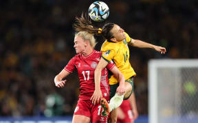 Hayley Raso of Australia and Rikke Marie Madsen of Denmark in action during the FIFA Women's World Cup Australia &amp; New Zealand 2023 match between Australia and Denmark at Australia Stadium on August 07, 2023 in Sydney, Australia. (Photo by Norvik Alaverdian/NurPhoto) (Photo by Norvik Alaverdian / NurPhoto / NurPhoto via AFP)