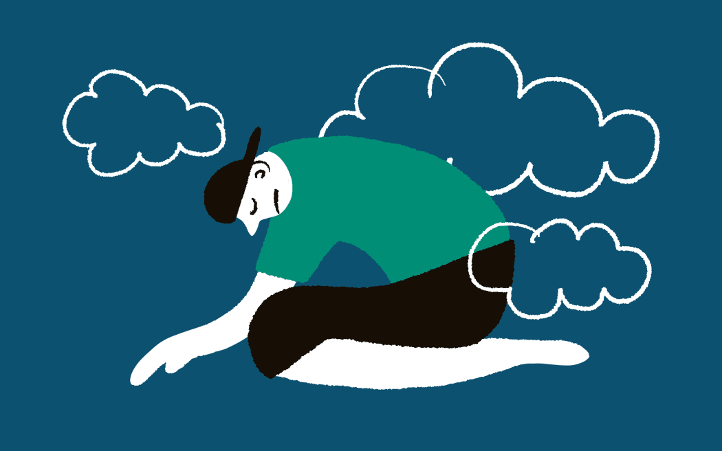 Stylised illustration of sad young person crouched over with clouds hanging overhead