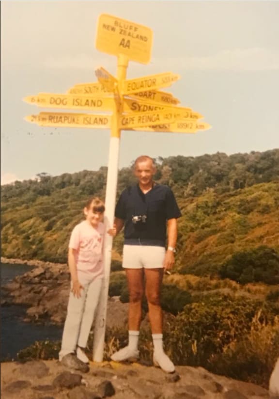 Bek Thomas with her dad at Bluff, where she scored a certificate for visiting 'the most southern port in the Southern Hemisphere' in 1988.
