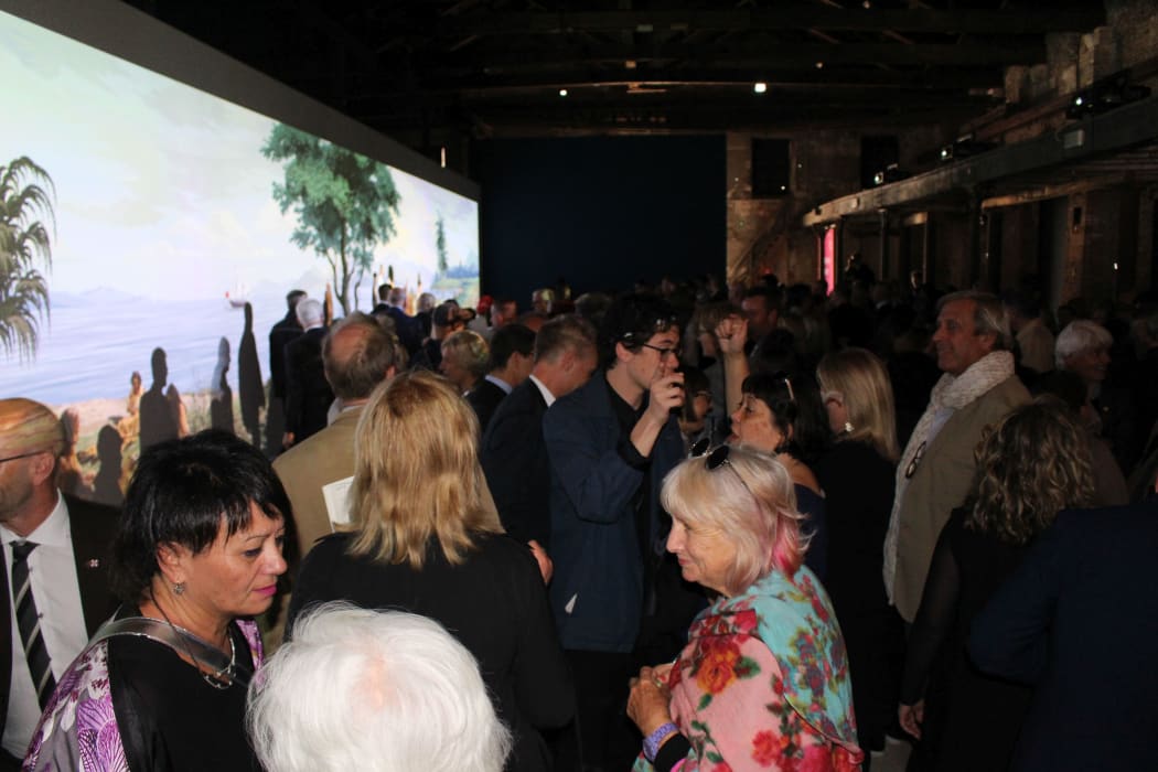 Well wishers and officials attend the opening of Lisa Reihana's Venice exhibition.