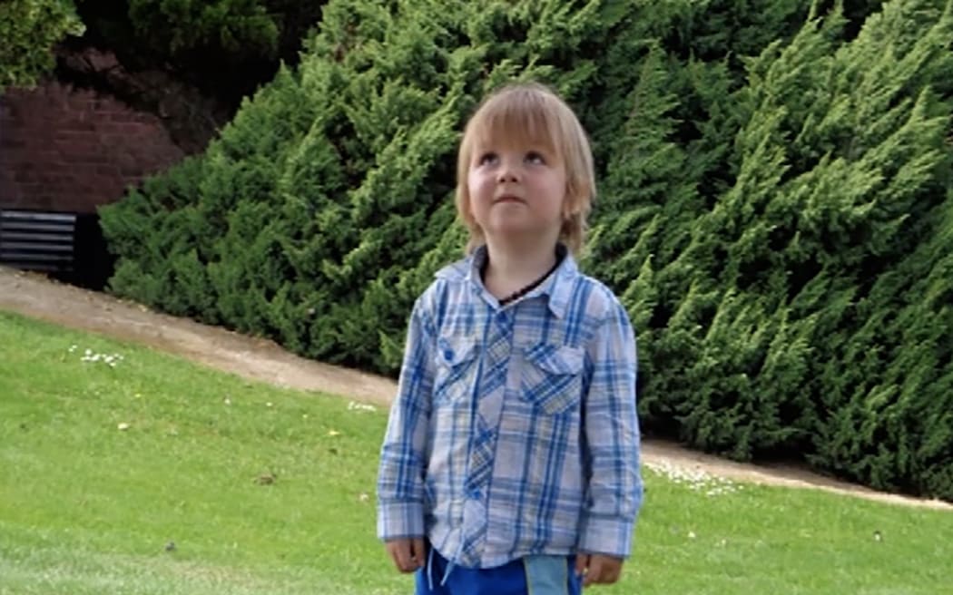 A young boy with shaggy brown hair is looking up at the sky. He is in a backyard, standing on grass, with a dense hedge behind him. He is wearing a blue checked shirt.