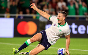 Ireland's Jonathan Sexton scores during his side's 2023 Rugby World Cup Pool B win over Tonga.