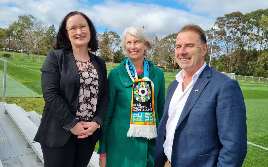 From left, Waikato Bay of Plenty Football Federation legacy manager Dr Alida Shanks, Hamilton Mayor Paula Southgate, and former All Black and Sport Waikato chief executive Matthew Cooper at Porritt Stadium which has received upgrades ahead of hosting five first-round matches. (pictured on 6 July, 2023)