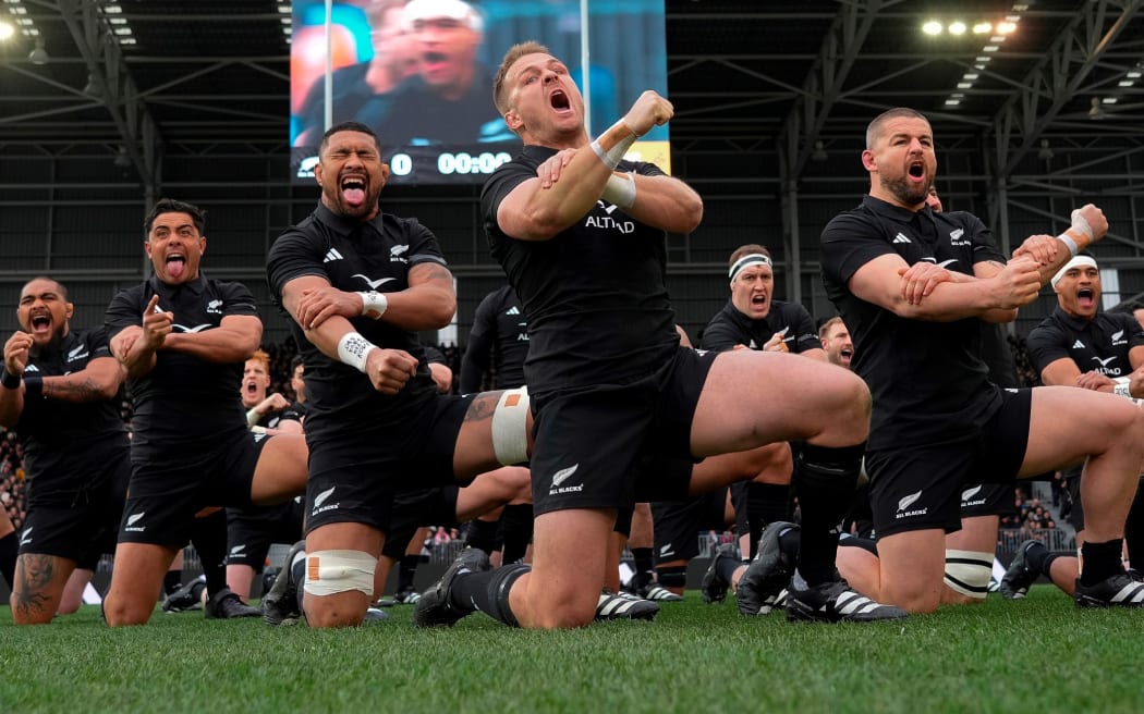 The All Blacks perform the haka before the test match between New Zealand and Australia at Forsyth Barr Stadium, Dunedin, New Zealand, Saturday, August 05, 2023. Photo: Pool / www.photosport.nz