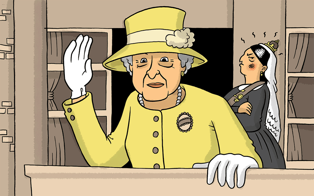 Queen Elizabeth II waves from a balcony - with her great-great grandmother, Victoria, frowning behind her.