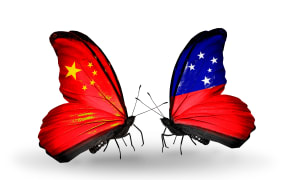 Two butterflies with flags on wings as symbol of relations China and Samoa