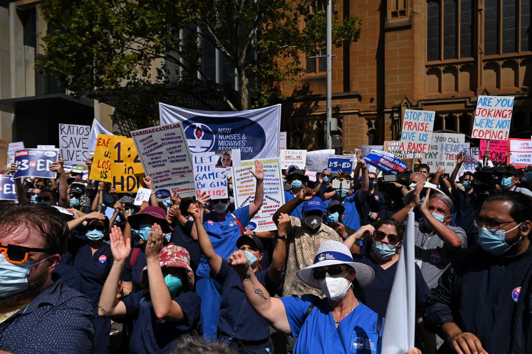 New South Wales public hospital nurses participate in a strike over staff shortages and pandemic-related stresses and strains in Sydney on February 15, 2022.