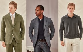 A composite image showing three models styling Working Style clothes. On the left, a man in a green linen suit. In the middle a man in a grey tweed blazer over the top of a quarter-zip jumper. On the right, a man in a grey polo and cream pants.