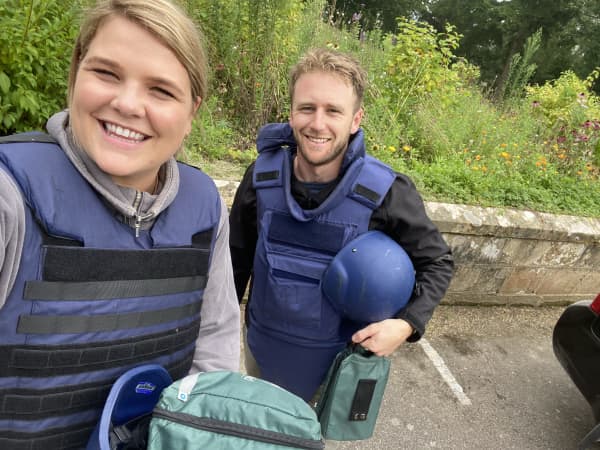 Lisette Reymer and Daniel Pannett at their hostile environments training in Kent, England.