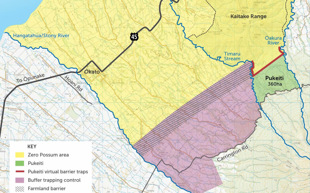 A map of the area where possum eradication is being carried out.