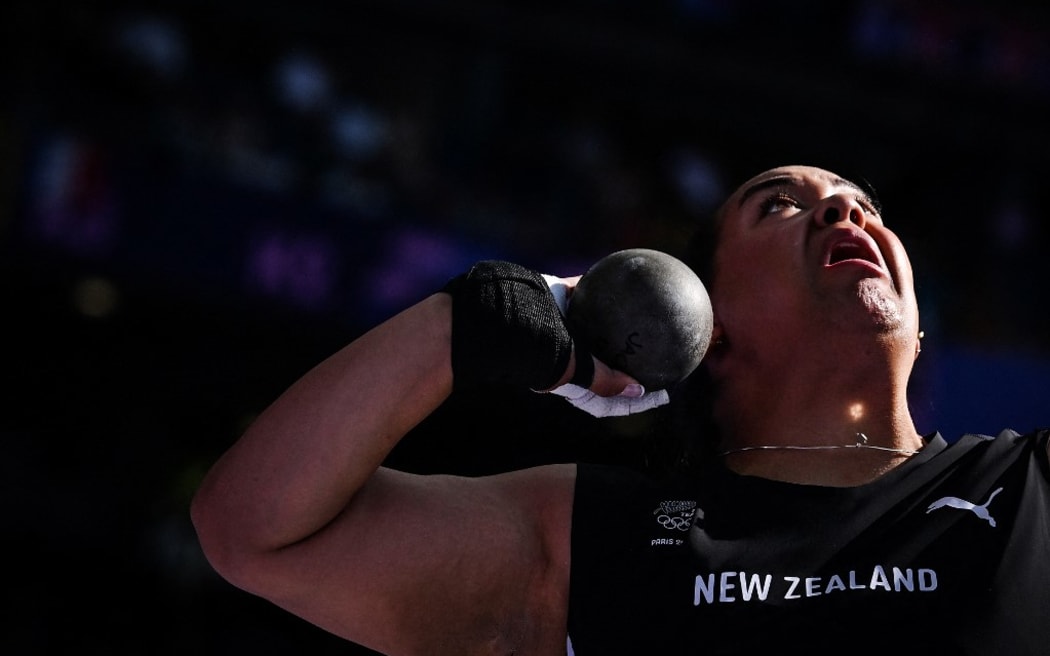 New Zealand's Maddison-Lee Wesche competes in the women's shot put qualification of the athletics event at the Paris 2024 Olympic Games at Stade de France in Saint-Denis, north of Paris, on August 8, 2024. (Photo by Kirill KUDRYAVTSEV / AFP)