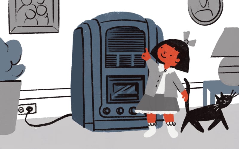 Stylised illustration of child and old radio