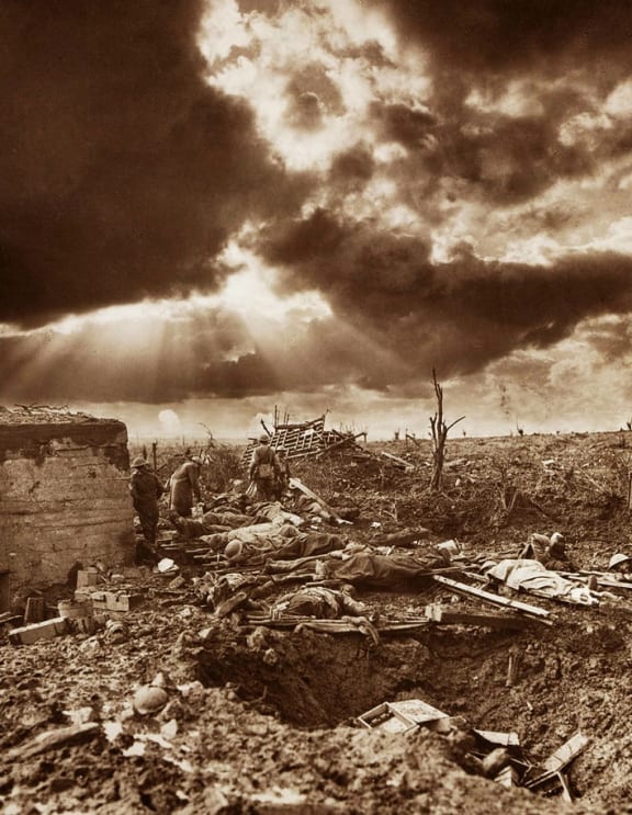 The dawn of Passchendaele. The Relay Station near Zonnebeke Station, 1917.