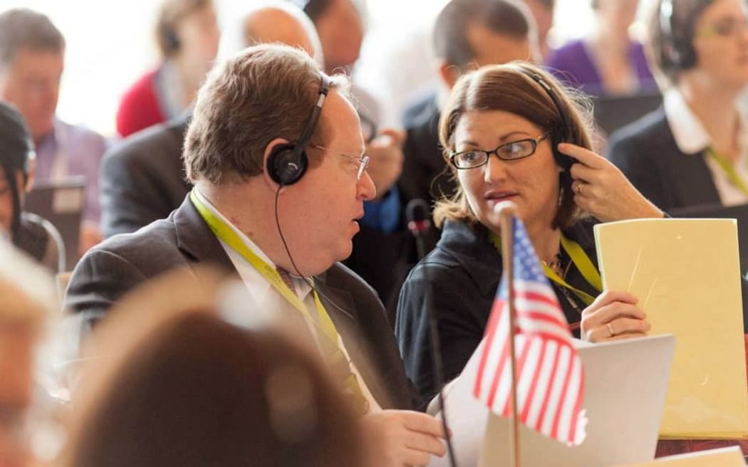 NZ delegation head Carolyn Schwalger and US counterpart Evan Bloom.