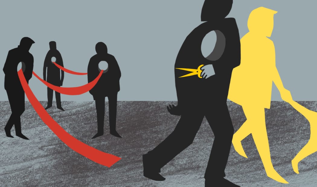 An illustration of shadowy figures linked by ribbon, with one cutting the ties