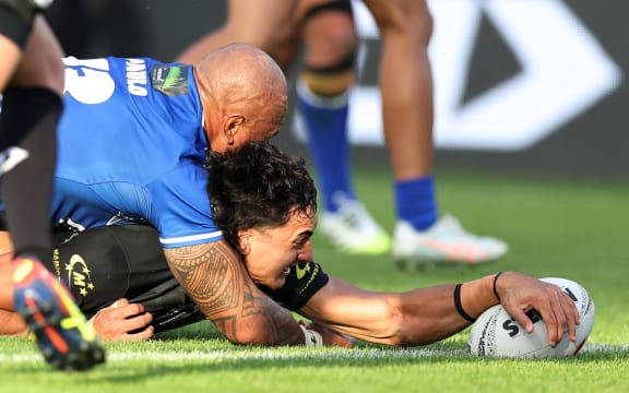 Casey McLean of the Kiwis scores his second try  during New Zealand Kiwis  v Toa Samoa,  round 1 of the Pacific Championships at Go Media Stadium, Auckland, New Zealand on Sunday 19 October 2025.
Photo: Fiona Goodall / Photosport