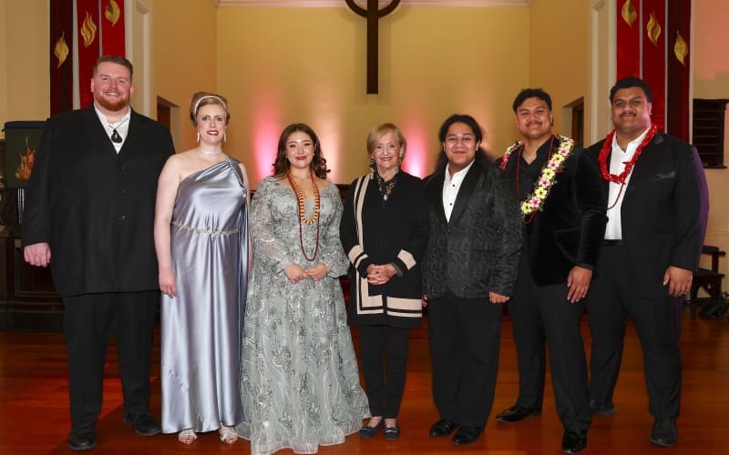 Kiri Te Kanawa Song Quest 2026 Finalists, (L to R) Samuel Downes - (tenor), Cecily Shaw – (mezzo-soprano), Sarah Mileham - (soprano), Frederica von Stade - (judge), Samuel Mataele - (countertenor), Jordan Fonoti-Fuimaono - (tenor), Faamanu Fonoti-Fuimaono - (baritone) at St Andrew's on the Terrace, Wellington, New Zealand, Sunday 5 July 2026.