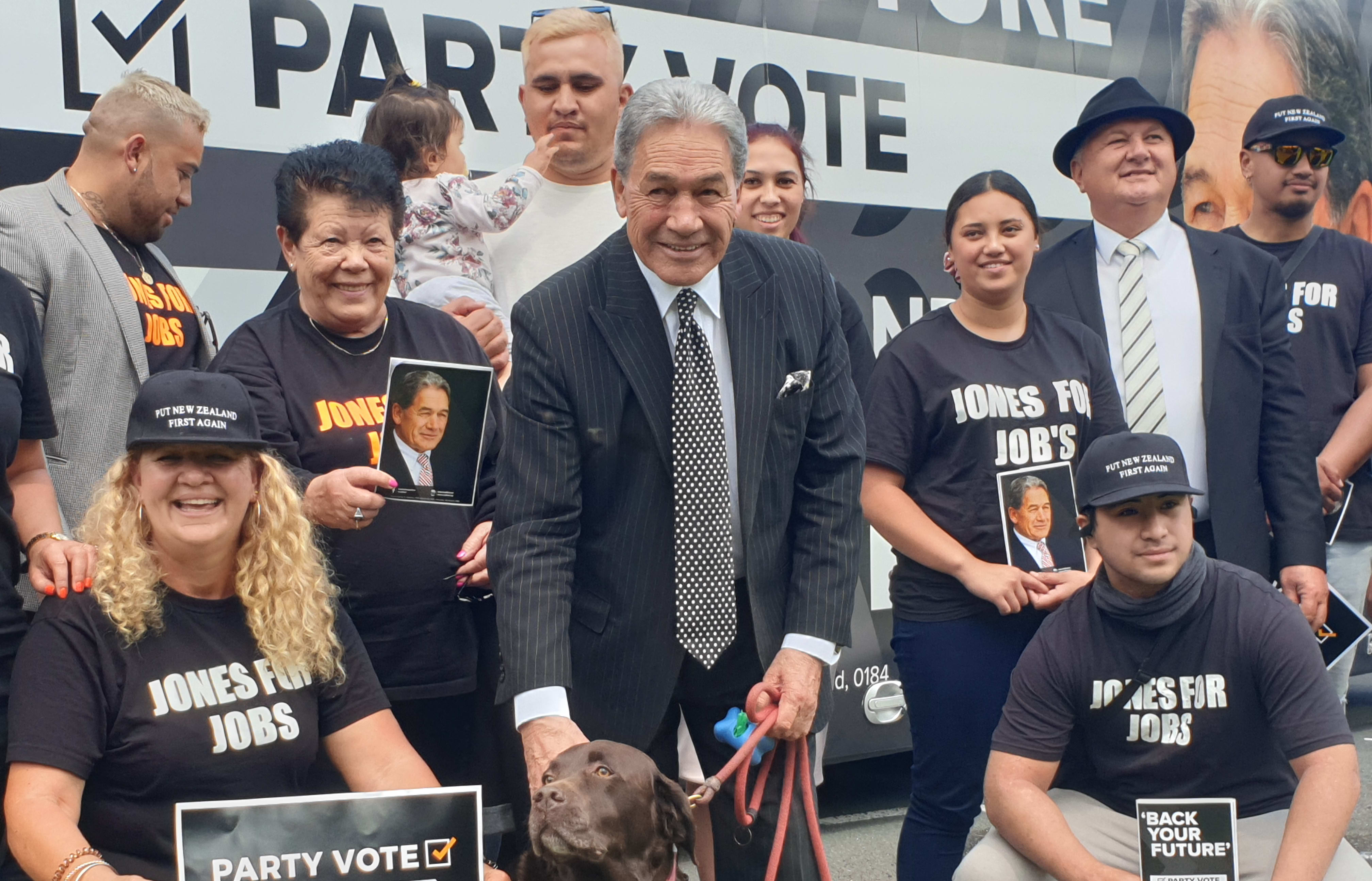 New Zealand First leader Winston Peters and candidate Shane Jones with supporters in Whangārei on 16 October, 2020.