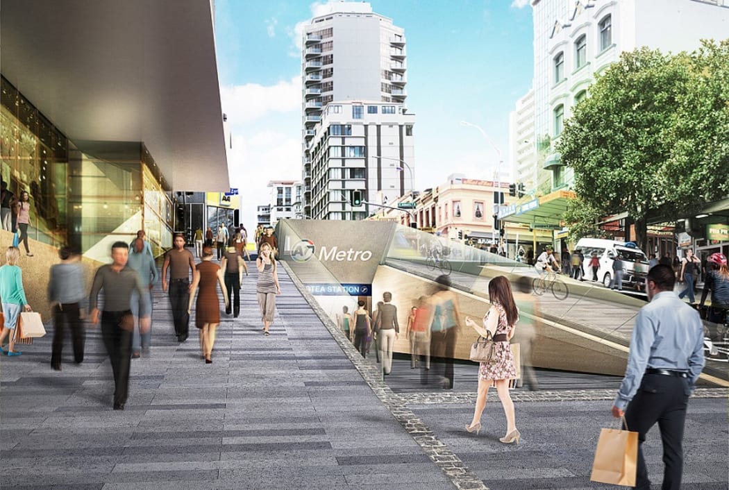 An artist's impression of the Victoria Street entrance to the proposed Aotea Station.